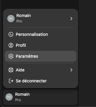 ChatGPT profile menu showing Settings